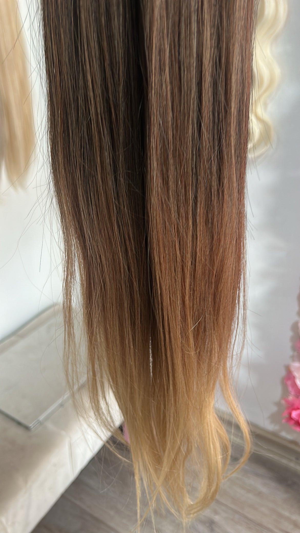 Extensión fibra orgánica, mazo de 150 gramos, 4 mt x 70 cm/ tono: Castaño oscuro balayage