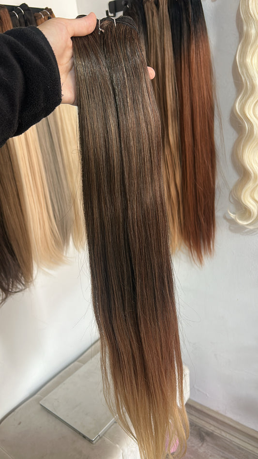 Extensión fibra orgánica, mazo de 150 gramos, 4 mt x 70 cm/ tono: Castaño oscuro balayage