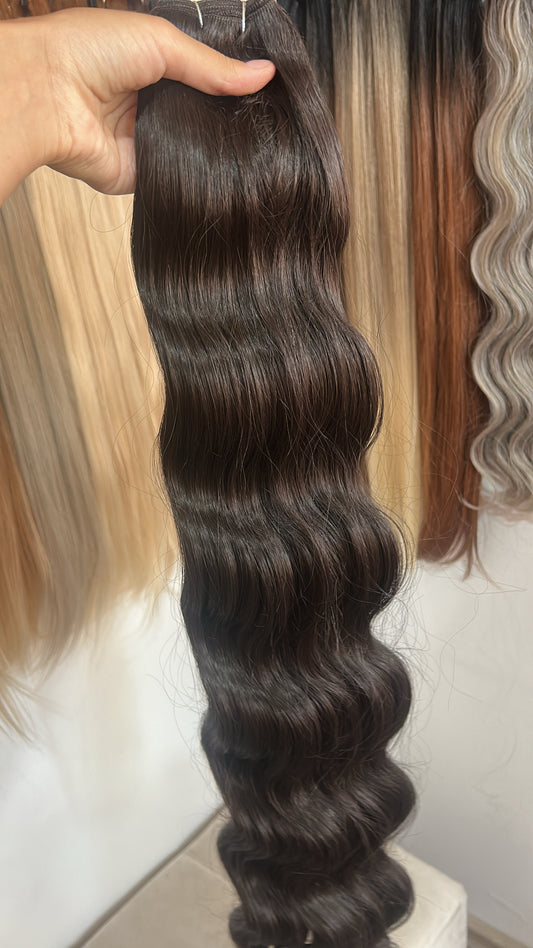 Extensión fibra orgánica, mazo de 200 gramos, 80 cm / Ondas de sirena/ tono: Castaño oscuro