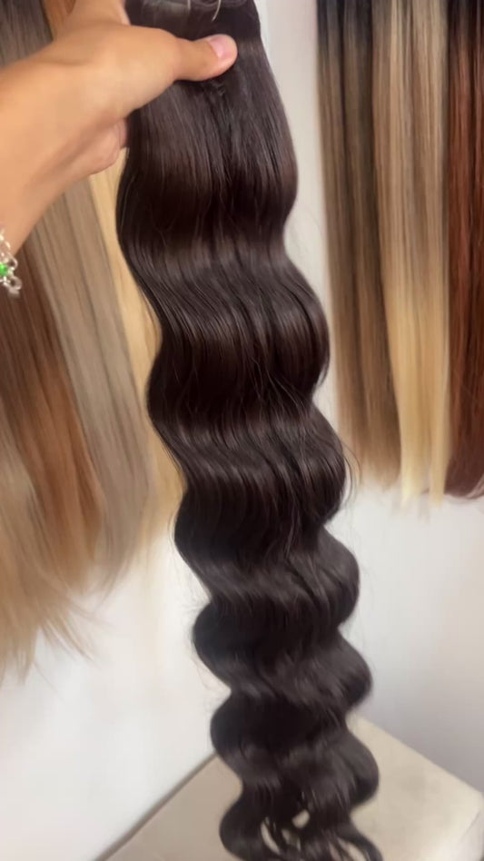 Extensión fibra orgánica, mazo de 200 gramos, 80 cm / Ondas de sirena/ tono: Castaño oscuro