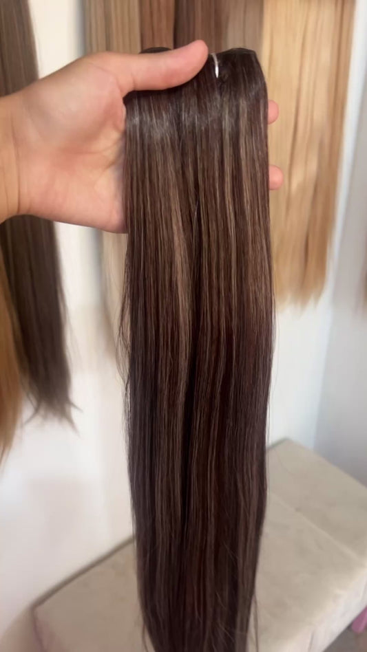 Extensión fibra orgánica, mazo de 150 gramos, 4 mt x 70 cm/ tono: castaño oscuro con visos